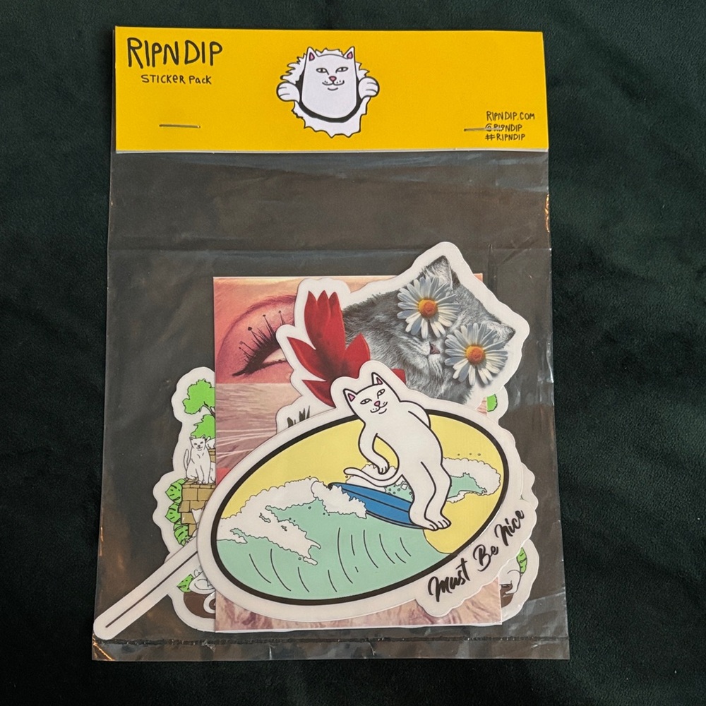 Ripndip Sticker Pack with Surfing Cat and Floral Art